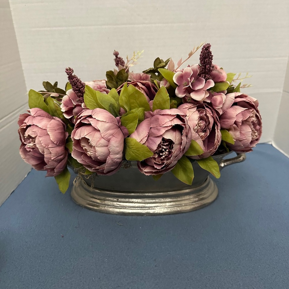 Faux Pink Peony Floral Arrangement in Silver Metal Basin Centerpiece 14in